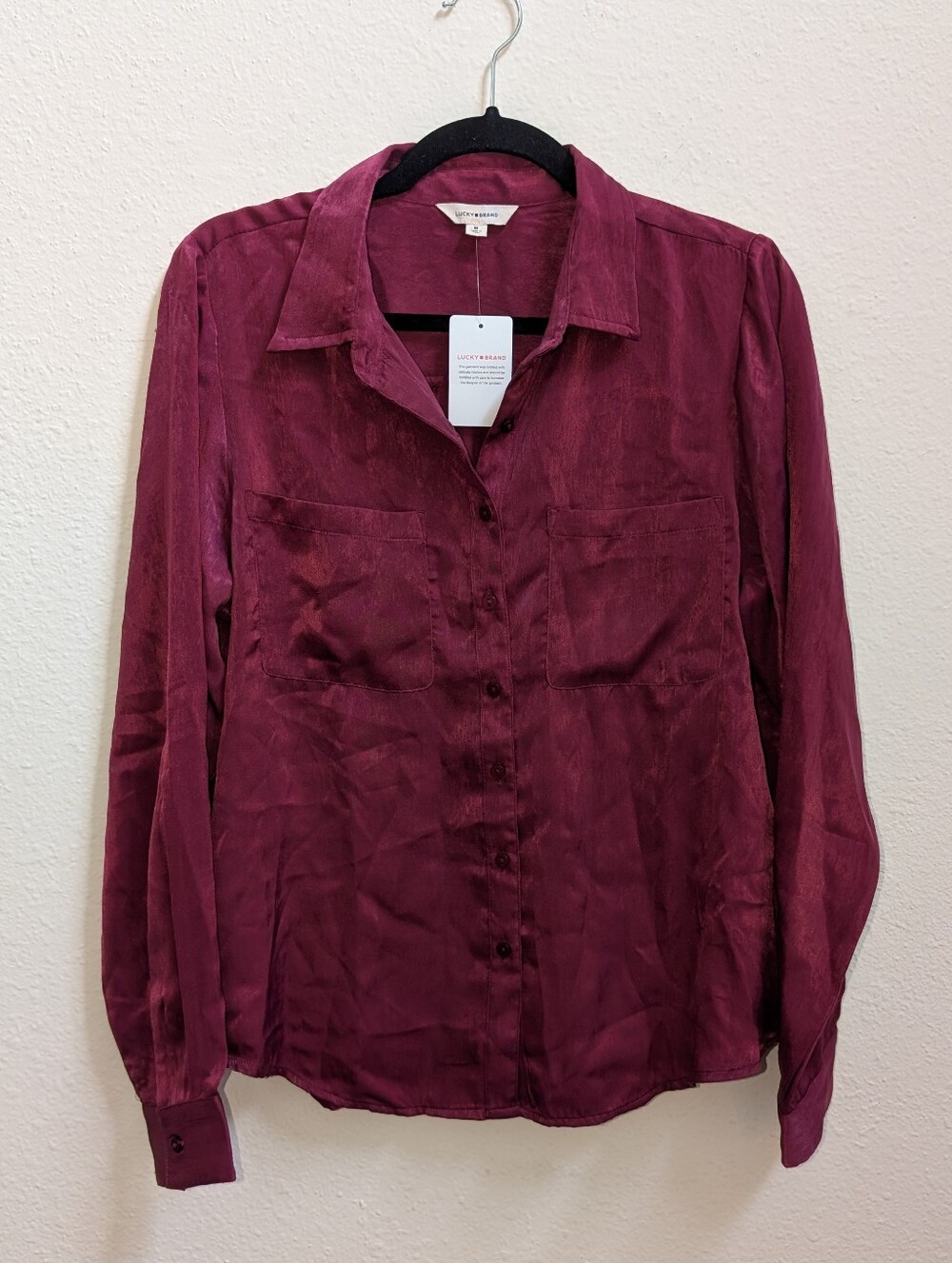 NWT Lucky Brand Satin Burgundy Button-Up